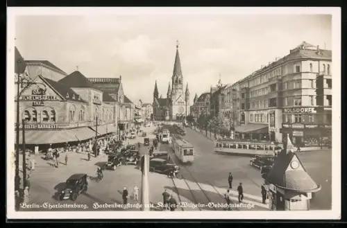 AK Berlin-Charlottenburg, Hardenbergstrasse mit Kaiser-Wilhelm-Gedächtniskirche und Strassenbahnen