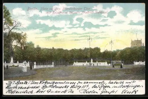 AK Berlin-Tiergarten, Platz vorm Brandenburger Tor m. Kaiser & Kaiserin Friedrich Denkmal, Grosser Tiergarten