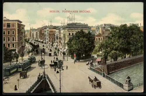 AK Berlin-Tiergarten, Potsdamer Strasse mit Potsdamer Brücke, Strassenbahnen