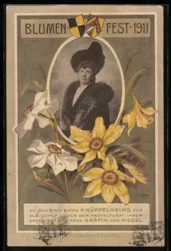 AK Blumenfest 1911 zu Gunsten eines Krüppelheims, Unter Protektorat der Grädin von Wedel