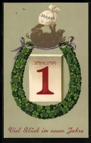 AK Schwein mit Geldbeutel zum Jahreswechsel