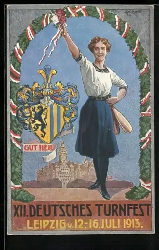 Künstler-AK A. Liebing: Leipzig, XII. Deutsches Turnfest 1913, Herzlich Willkommen, Wappen