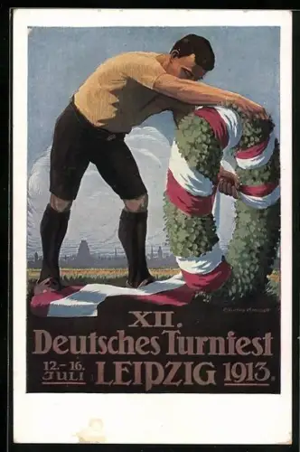 Künstler-AK XII. Deutsches Turnfest Leipzig Juli 1913, Mann den Festkranz schmückend