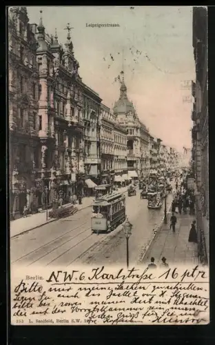 AK Berlin, Strassenbahn auf der Leipzigerstrasse mit Geschäften