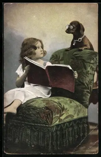 AK Mädchen mit Zeitschrift und Dackel mit Zwicker