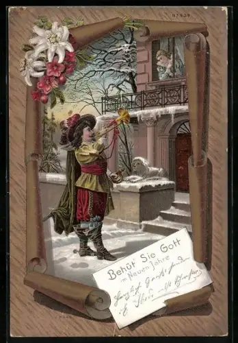Lithographie Trompeter von Säckingen spielt im Schnee für eine Frau im Fenster Behüt Dich Gott!, Blumen, gerahmte Ansich