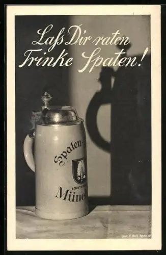AK München, Brauerei-Werbung für Spaten-Bräu, Bierkrug