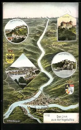 Künstler-AK Eugen Felle: Passau, Verlauf vom Inn aus der Vogelschau