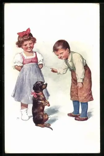 AK Kleiner Junge lässt seinen Dackel Männchen machen