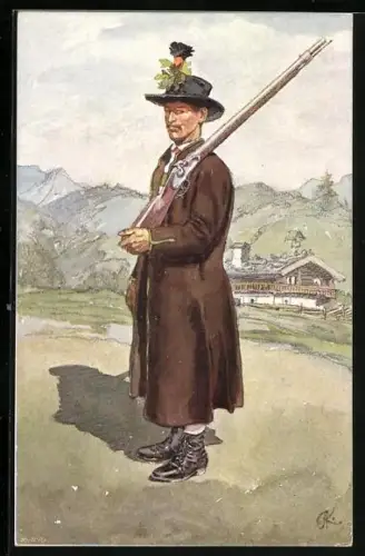 Künstler-AK Adolf Kaspar: Osterr.-ungar. Volsktypen, Gastein-Pongauer Trachten, Salzburger mit Flinte