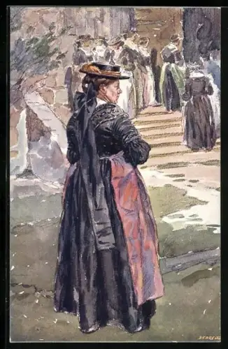 Künstler-AK Adolf Kaspar: Osterr.-ungar. Volsktypen, Gastein-Pongauer Trachten, Salzburgerin bei Kirchgang