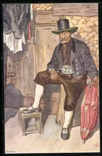Künstler-AK Mann in mit tschechischer Tracht und Stockschirm