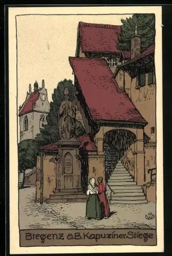 Steindruck-AK Bregenz a.B., Kapuziner Stiege