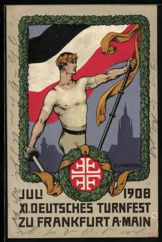 Künstler-AK Frankfurt a. Main, XI. Deutsches Turnfest 1908, Sportler mit Fahne & Schwert