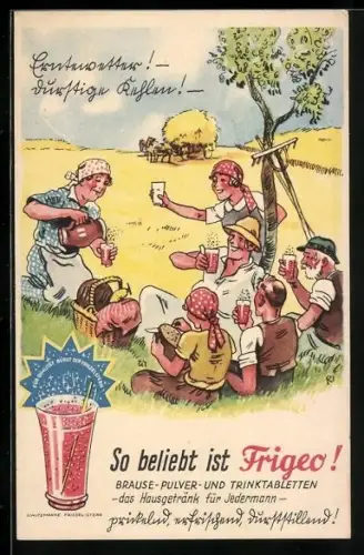 AK So beliebt ist Friegeo, Brause-Pulver- und Trinktabletten, Bauersfrau schenkt Brause ein, Reklame