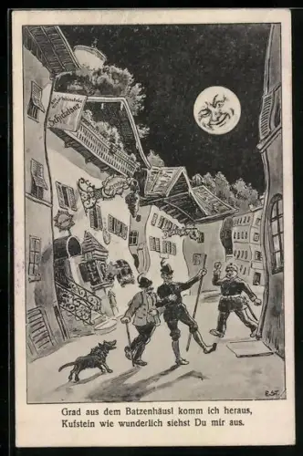 AK Kufstein, Mondschein über dem Batzenhäusel, Strasse aus der Sicht eines Betrunkenen