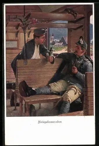 AK Zwei Soldaten unterhalten sich im Abteil, Kriegskameraden, Zweibund