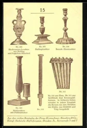 AK Dresden, Reklame für die Firma Kretzschmar, Bösenberg & Co., Serrestrasse 5 und 7, Biedermeier-Leuchter