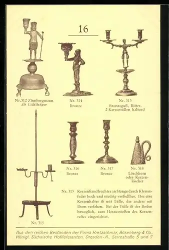 AK Dresden, Reklame für die Firma Kretzschmar, Bösenberg & Co., Serrestrasse 5 und 7, Zinnbergmann als Lichtträger