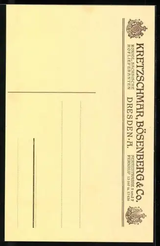 AK Dresden, Reklame für Lampen der Firma Kretzschmar, Bösenberg & Co., Serrestrasse 5 und 7, Kienleuchte