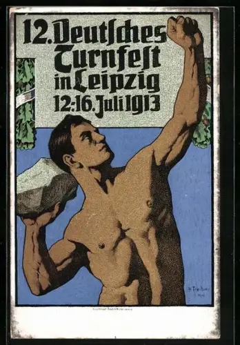 Künstler-AK Leipzig, 12. Deutsches Turnfest Juli 1913, Steinstosser