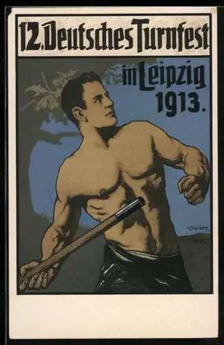 Künstler-AK Leipzig, 12. Deutsches Turnfest, 1913, Der Gerwerfer, Mann mit freiem Oberkörper setzt zum Wurf an