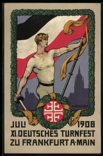 Künstler-AK Frankfurt a. Main, XI. Deutsches Turnfest 1908, Sportler mit Fahne & Schwert