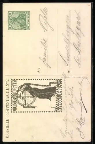 Künstler-AK Frankfurt a. Main, XI. Deutsches Turnfest 1908, Sportler mit Fahne & Schwert