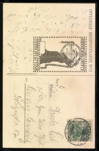 AK Frankfurt a. Main, 11. Deutsches Turnfest 1908 in der Stadt mit Segelschiffe vor Anker liegend