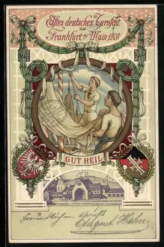 AK Elftes deutsches Turnfest zu Frankfurt /Main, 1908, junger Männer hissen Fahne