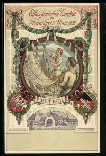AK Elftes deutsches Turnfest zu Frankfurt /Main, 1908, junger Männer hissen Fahne