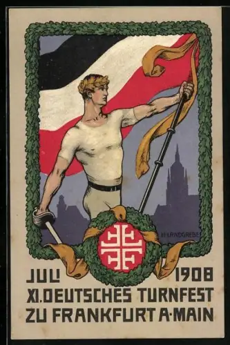 Künstler-AK Frankfurt a. Main, XI. Deutsches Turnfest 1908, Sportler mit Fahne & Schwert