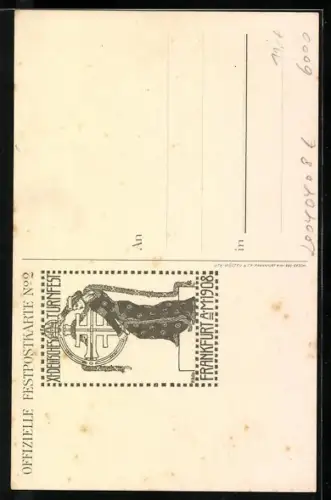 Künstler-AK Frankfurt a. Main, XI. Deutsches Turnfest 1908, Sportler mit Fahne & Schwert