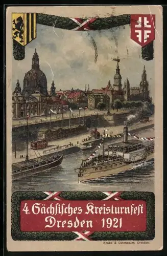 AK Dresden, 4. Sächsiches Kreisturnfest 1921, Frauenkirche, Strassenbahn, Dampfschiff