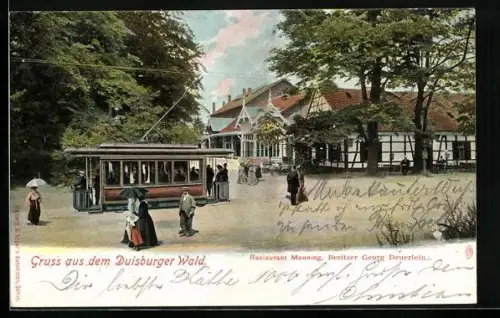 AK Duisburg, Restaurant Monning, Besitzer Georg Deuerlein, Strassenbahn