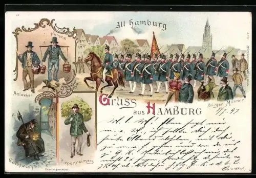 Lithographie Alt-Hamburg, Bürger-Militair, Aalweber und Hummel, Piepenreimers