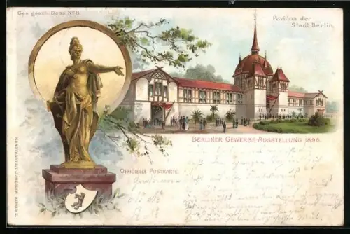 Lithographie Berlin, Gewerbe-Ausstellung 1896, Pavillon der Stadt Berlin, Statue mit Wappenschild