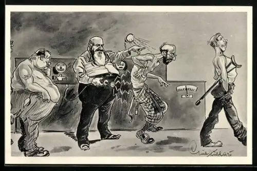 Künstler-AK Gallspach: Dicker bärtiger Arzt heilt Kranke mit Elektroschocks