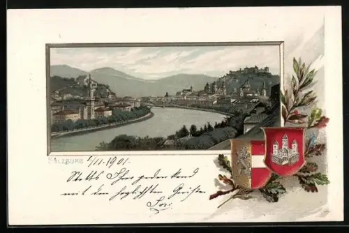 Lithographie Salzburg, Salzachpartie, Stadtwappen
