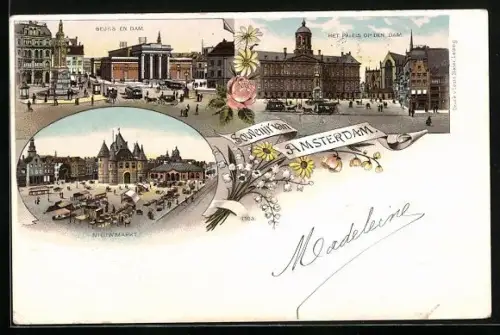 Lithographie Amsterdam, Beurs en Dam, Nieuwmarkt, Het Paleis op den Dam