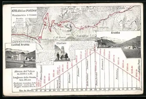 Künstler-AK Arabba, Gasthof, Obelisco, Teilansicht, Landkarte mit Mortitsch, Canazei und Cercena