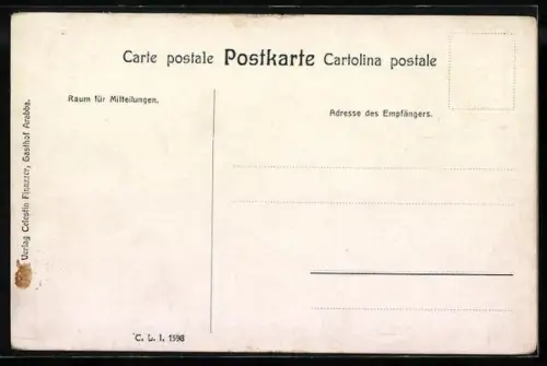 Künstler-AK Arabba, Gasthof, Obelisco, Teilansicht, Landkarte mit Mortitsch, Canazei und Cercena