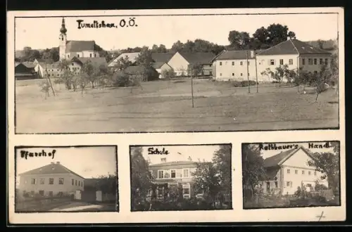 AK Tumeltsham, Rathhauer's Warenhandlung, Pfarrhof und Schule