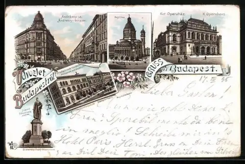 Lithographie Budapest, Opernhaus, Basilika, Andrassy-Strasse