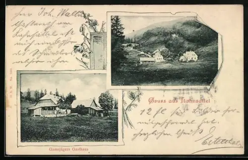 AK St. Aegyd am Neuwalde, Lahnsattel, Gamsjäger`s Gasthaus, Blick auf den Ort