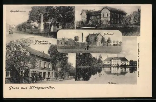 AK Königswartha, Warenhaus A. Thomschke, Bahnhof, Blindenasyl
