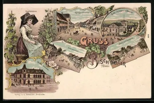 Lithographie Bischweiler, Jute-Spinnerei und Weberei, Kronen-Apotheke, Schulstrasse