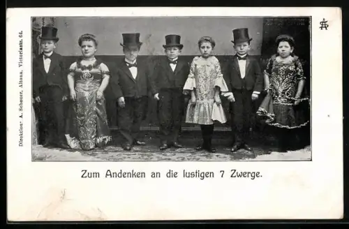 AK Andenken an die lustigen 7 Zwerge, Liliputaner