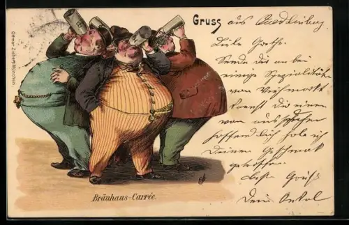 Lithographie München, Bräuhaus-Carree, dicke Männer trinken Bier, Trinkerhumor