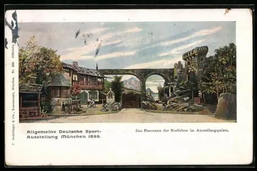 Künstler-AK München, Allgemeine Deutsche Sportausstellung 1899, Panorama der Radfahrer